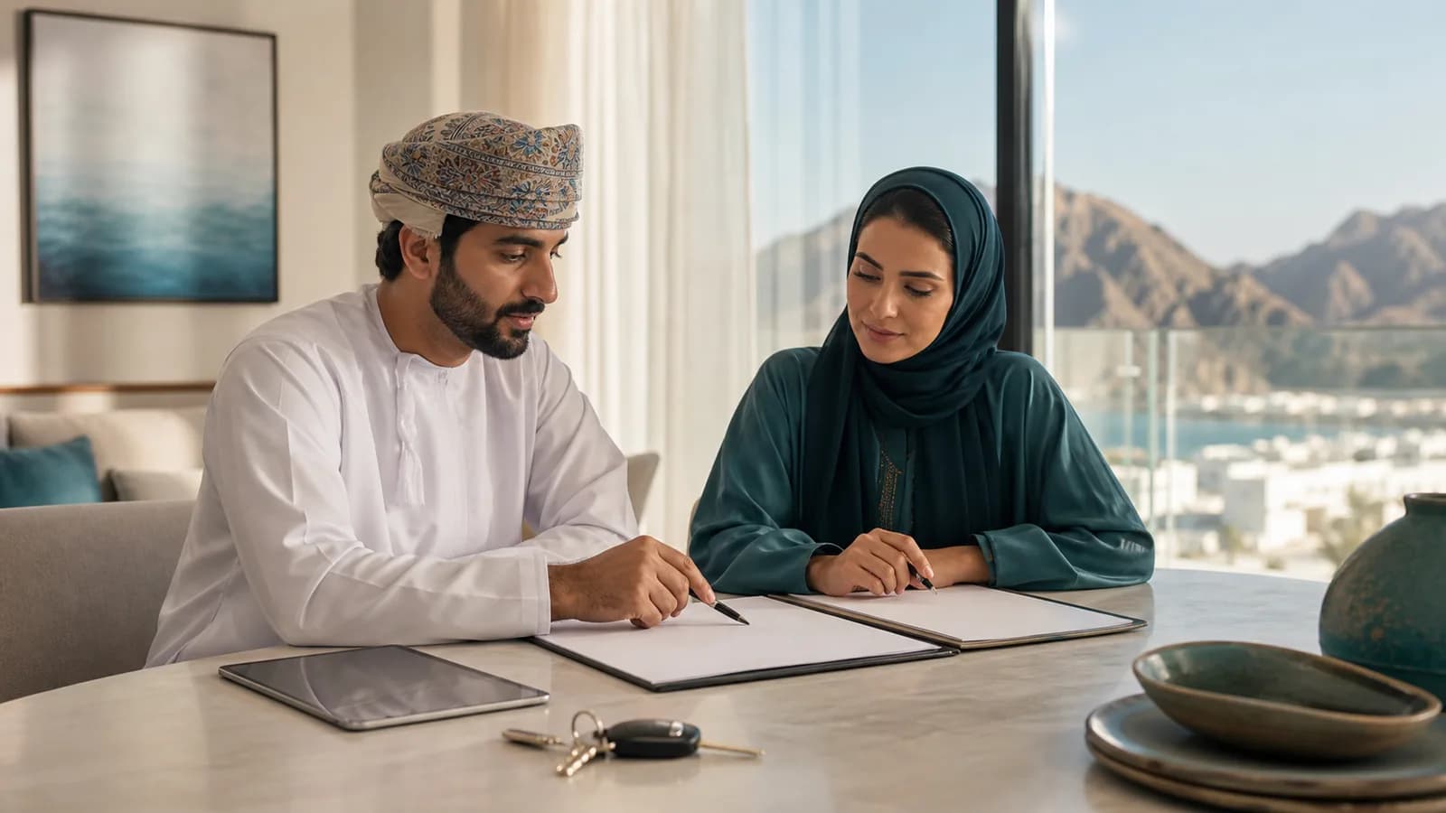 Landlord and tenant reviewing a lease renewal document in a bright office