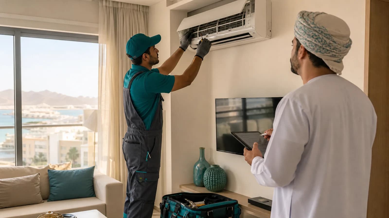 Technician inspecting an air-conditioning unit at an Oman rental property