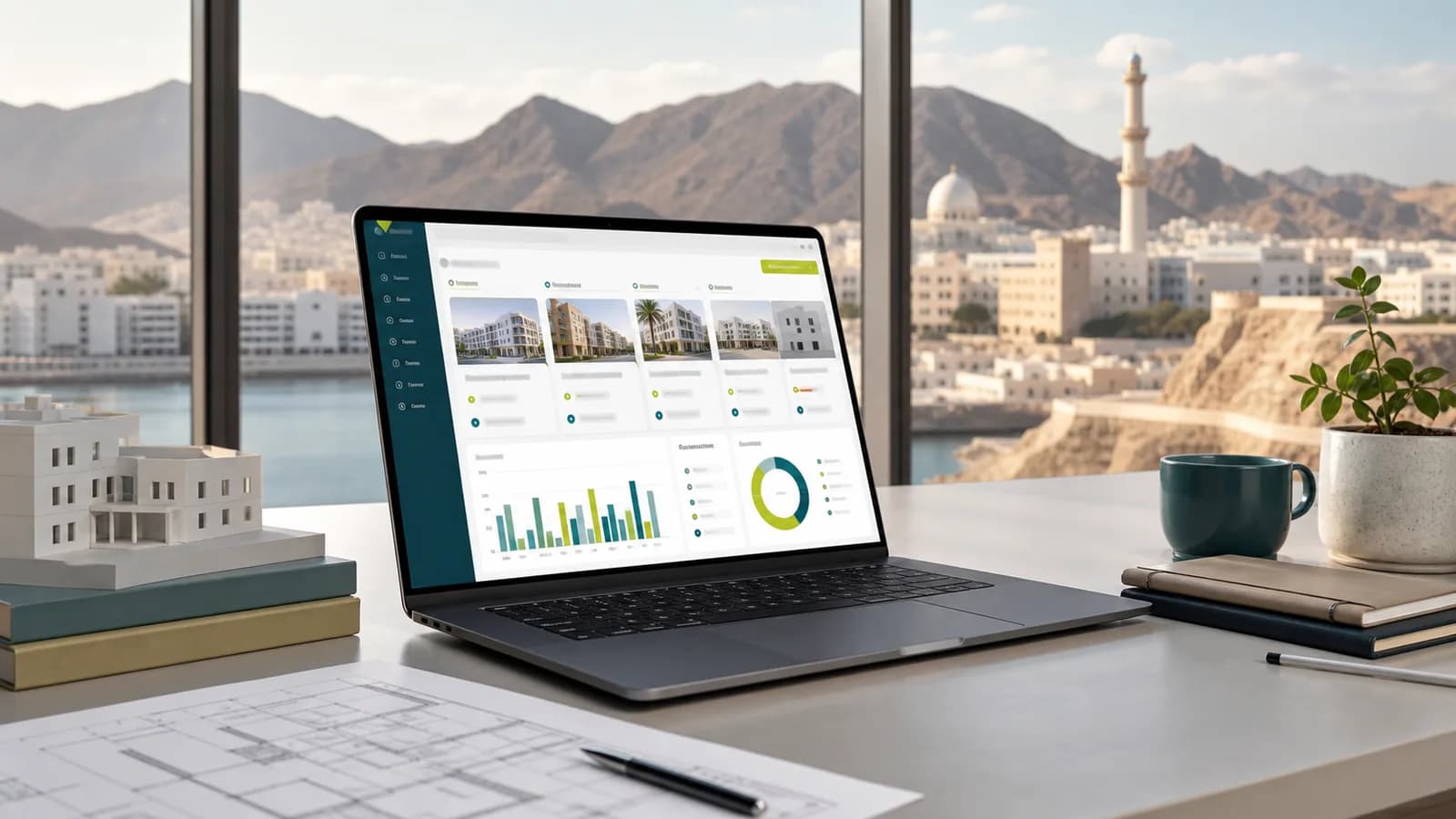 Property manager reviewing an Oman rental portfolio dashboard on a laptop