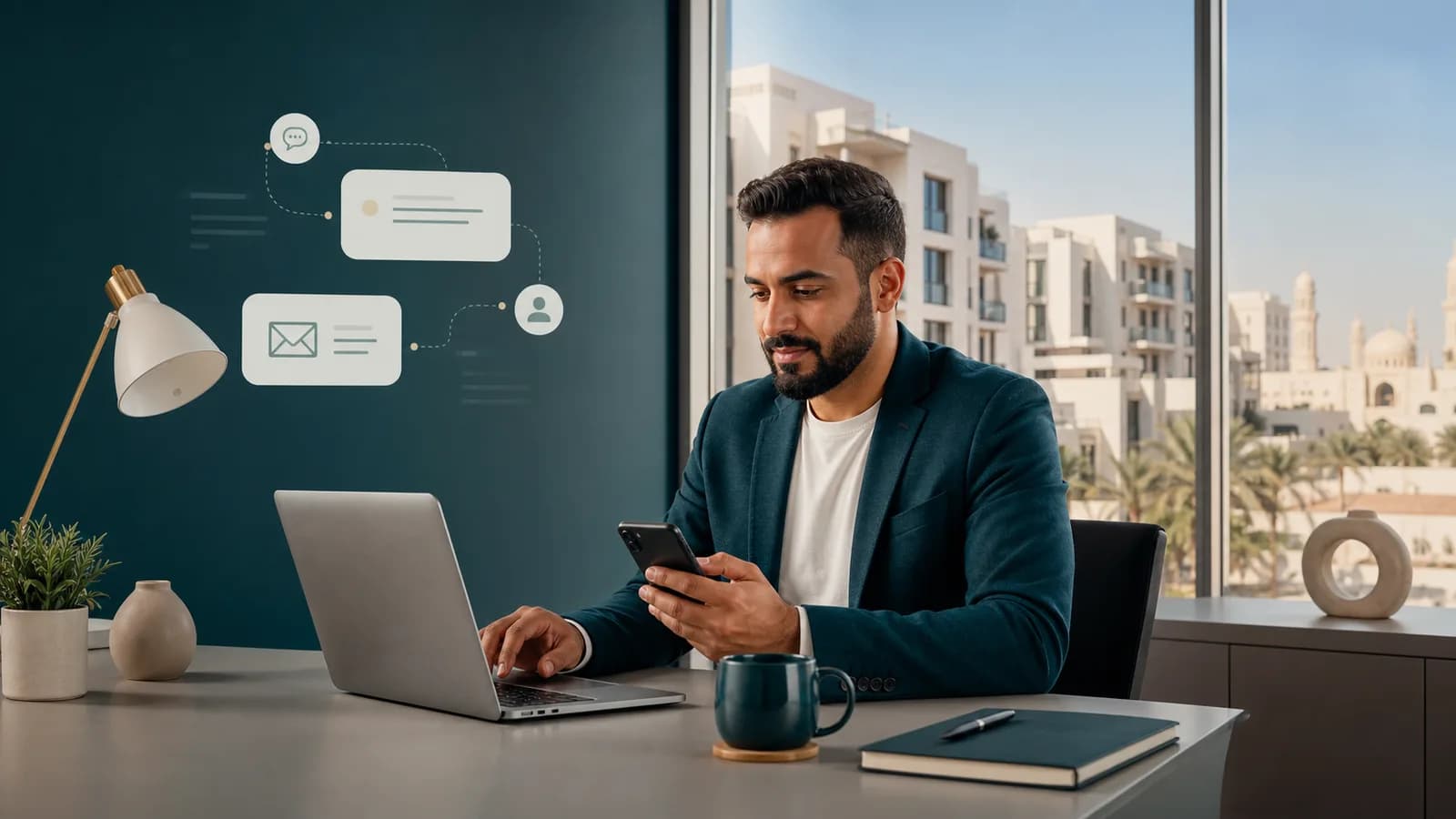 Property manager organizing professional tenant communications at a desk