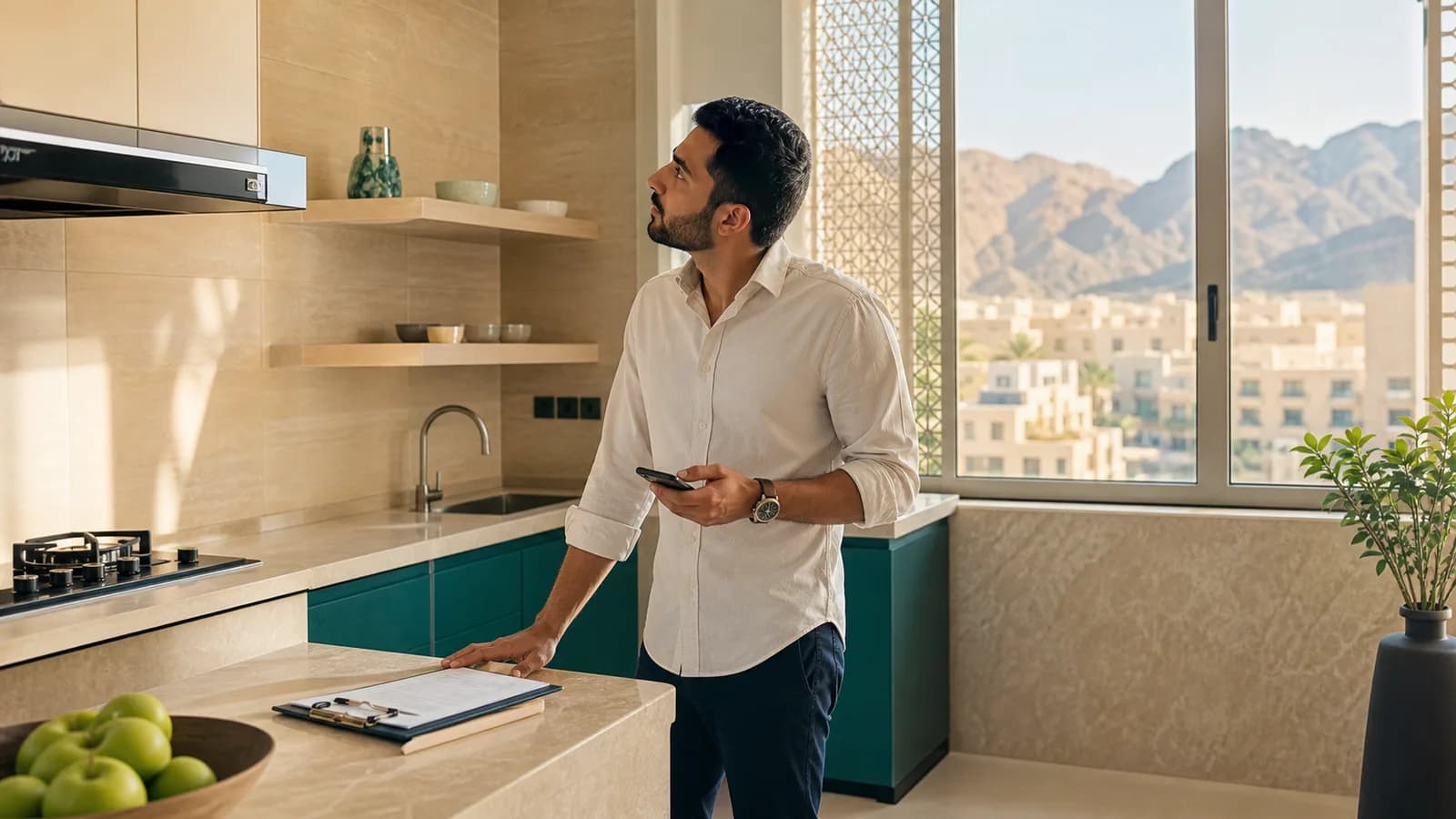 Bright Muscat apartment kitchen being inspected during a property viewing