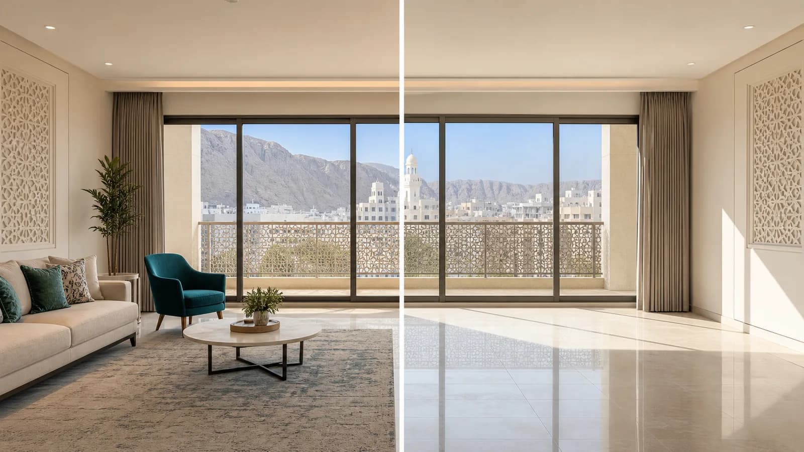 Split interior comparing furnished and unfurnished apartments in Muscat