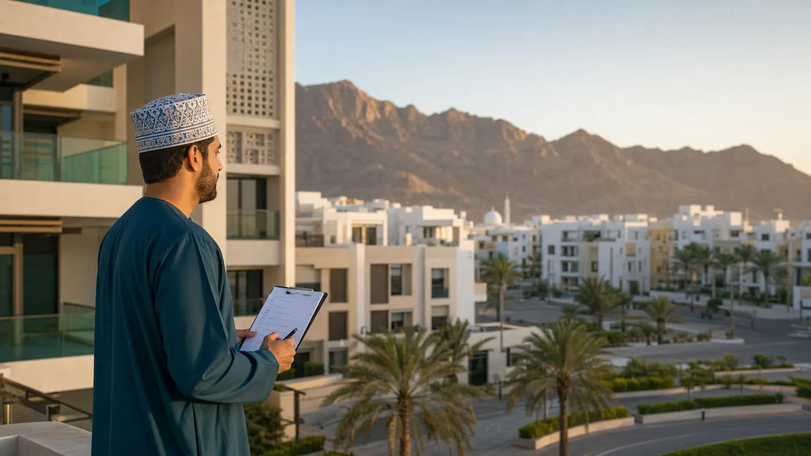 Renter holding a checklist while looking across Muscat apartment buildings