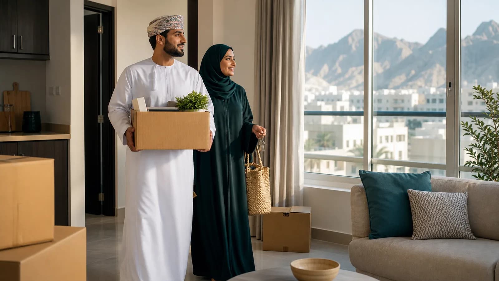 New resident unpacking boxes in a bright Muscat apartment